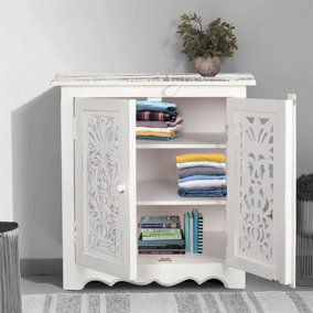 Natural Hand Made Indian Mango Wood Shoe Cupboard Storage Unit Cabinet White 59 x 36.5 x 61 cm