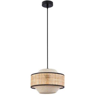 Natural Linen and Woven Rattan Pendant Ceiling Light with Black Trim and Cable