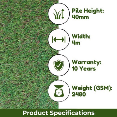 Natural Look 40mm Outdoor Artificial Grass, Extra Premium Artificial Grass, Plush Artificial Grass-15m(49'2") X 4m(13'1")-60m²