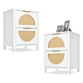 Natural Nightstand Cabinet with 2 Ratten Drawers Storage and Wood Legs for Bedroom, Living Room, 2PCS, White