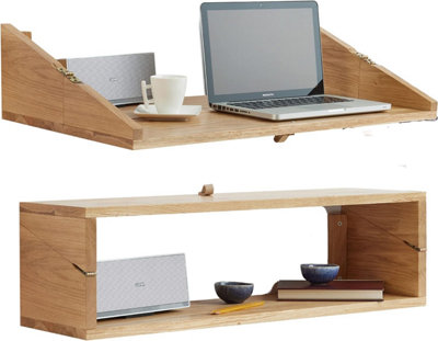 Natural Oak Wood Wall Mounted Desk (23.5x79x48 cm) - Space Saving and Functional Wooden Working Fold Up Desk - Floating Shelf