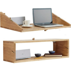 Natural Oak Wood Wall Mounted Desk (23.5x79x48 cm) - Space Saving and Functional Wooden Working Fold Up Desk - Floating Shelf