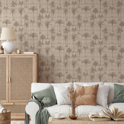 Natural Palm Tree Wallpaper Bamboo Textured Effect Thick Vinyl Feature Wall