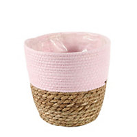 Natural & Pink Two Tone Seagrass Basket Planter. Lined. H18 cm