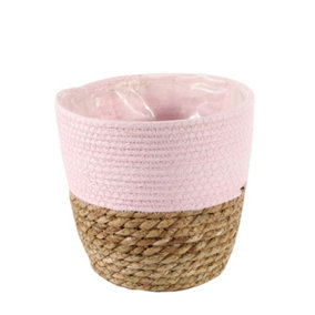 Natural & Pink Two Tone Seagrass Basket Planter. Lined. H18 cm