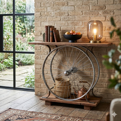 Natural Reclaimed Wood & Metal Console Table Wheel