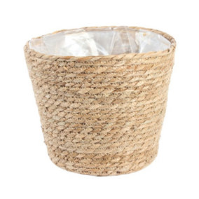 Natural Seagrass Round Basket Planter. Waterproof Lining. H18 cm