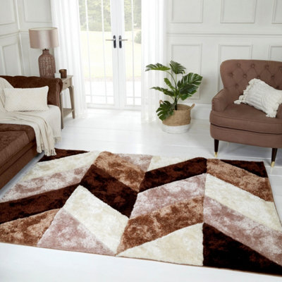 Natural Shaggy Modern Sparkle Geometric Optical/ (3D) Rug Easy to clean ...