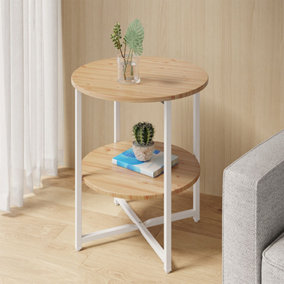 Natural Small Round Bedside Table Coffee Table with 2 Tier