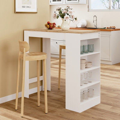 Natural Tabletop White Wooden Bar Table with Open Shelves 103cm H