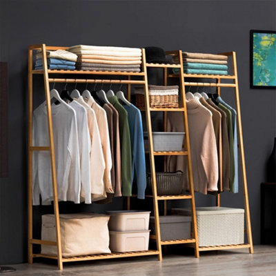 Natural Trapezoid Bamboo Garment Rack with 5 Tier Storage Shelves