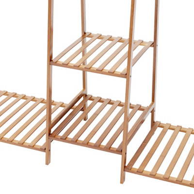 Natural Trapezoid Bamboo Garment Rack with 5 Tier Storage Shelves