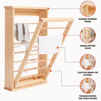 Natural Wall Mounted Wooden Clothes Drying Rack with Double side Rails Foldable and Space Saving Clothes Airer DIY at B Q