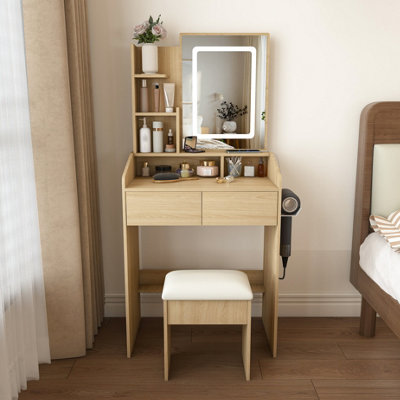 Natural Walnut Makeup Vanity Desk Set with Adjustable LED Lighting