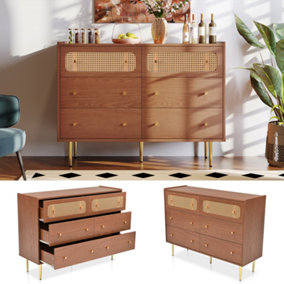 Natural Walnut Wood Effect Bedroom Chest of Drawers Sideboard Living Room Console Table with Rattan Drawers (6 Drawers)