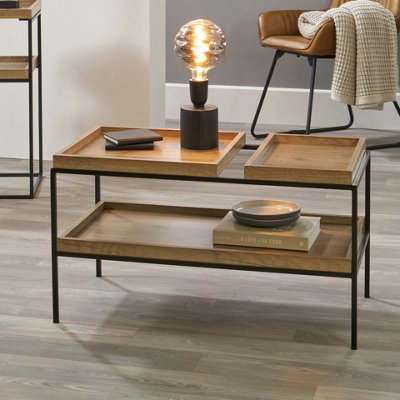 Natural Wood and Black Metal Coffee Table