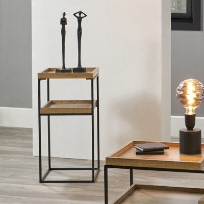 Natural Wood and Black Metal Side Table