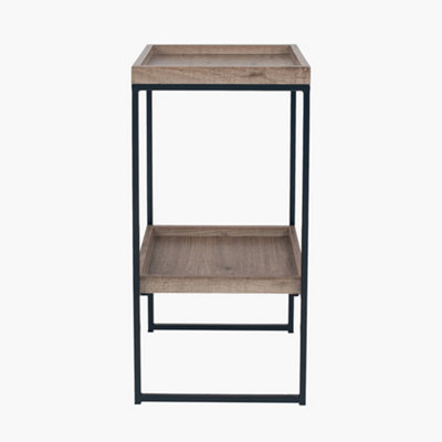 Natural Wood and Black Metal Side Table