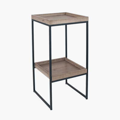 Natural Wood and Black Metal Side Table