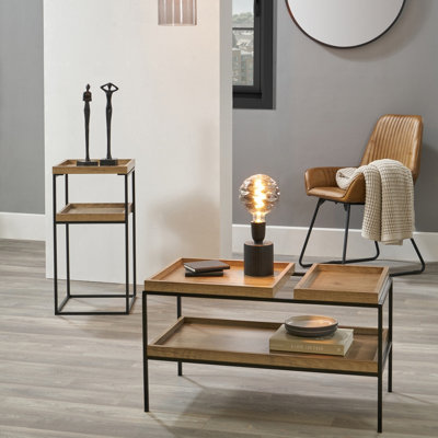 Natural Wood and Black Metal Side Table