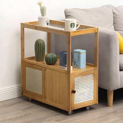 Natural Wood and Glass Side Table with Wheels 67cm W x 30.5cm D x 61cm H