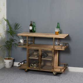 Natural Wood And Metal Bar Cart / Wine Trolley With Double Door Storage