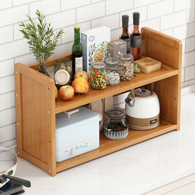 Natural Wood Color Double-layer Bamboo Desktop Storage Rack Bookshelf ...