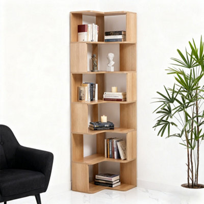 Natural Wood Color, Six-tier Wooden L-shaped Corner Shelf, 48cm (W) x ...