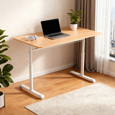 Natural Wood Colour Carbon Steel Wide Manual Lift Height Adjustable ...