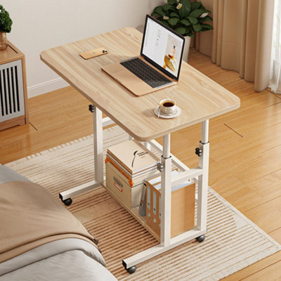 Natural Wood Colour Height Adjustable Mobile Table With Wheels 60x37cm
