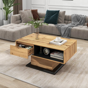 Natural Wood Effect Coffee Table Living Room Side Table with Double Side Storage and drawers