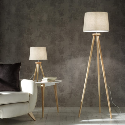 Natural Wood Tripod Floor Lamp with a Stunning Natural Lamp Shade