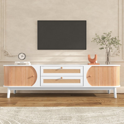 Natural Wood TV Cabinet Stand TV Board Unit Living Room Furniture with Rattan Drawers and Sliding Doors