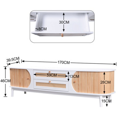 Natural Wood TV Cabinet Stand TV Board Unit Living Room Furniture with Rattan Drawers and Sliding Doors