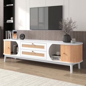 Natural Wood TV Cabinet Stand with Rattan Drawers and Sliding Doors