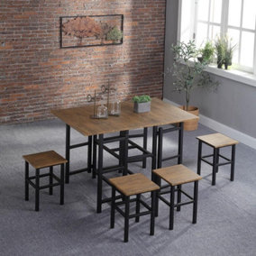 Natural Wooden Dining Table With 4 Bar Style Stools