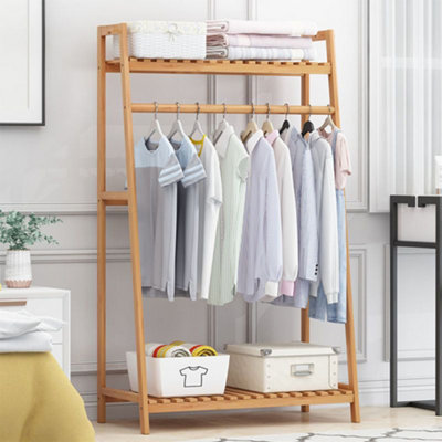 Natural Wooden Trapezoid Clothes Rack with Shelves