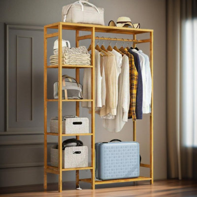 Natural Wooden Wooden Clothes Rail With 5 Shelves Open Wardrobe Garment ...
