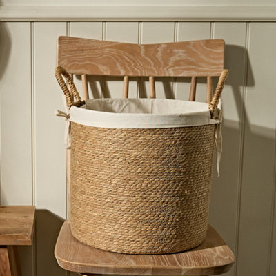 Natural Woven Seagrass Large Indoor Storage Basket with Cotton Lining H35 x D32cm