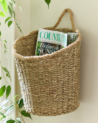 Natural Woven Seagrass Large Indoor Storage Wall Basket with Rope Detailing H35 x D26cm