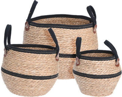 Natural Woven Storage Baskets Set of 3 Round Organiser with Handles for Logs Toys Towels  Large Medium Small