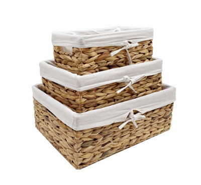 Natural Woven Water Hyacinth Deep Rectangle Storage Basket Hamper With Lining Set S + M + L