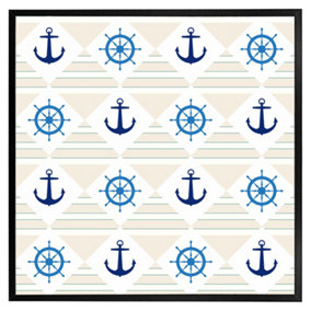 Nautical elements on striped background (Picutre Frame) / 30x30" / Black