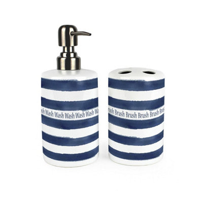 Nautical Stripes Bathroom Set - Ceramic Soap Dispenser & Toothbrush Holder