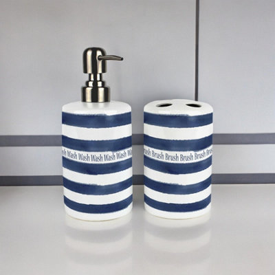 Nautical Stripes Bathroom Set - Ceramic Soap Dispenser & Toothbrush Holder