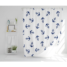 Navy Anchors on White (Shower Curtain) / Default Title