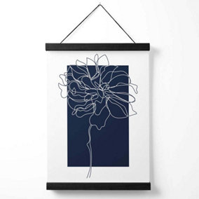 Navy Blue and White Abstract Floral Line Art Medium Poster with Black Hanger