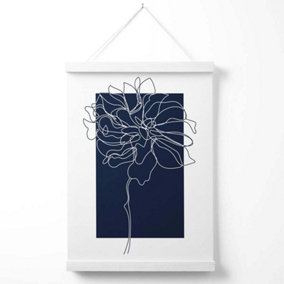 Navy Blue and White Abstract Floral Line Art Poster with Hanger / 33cm / White