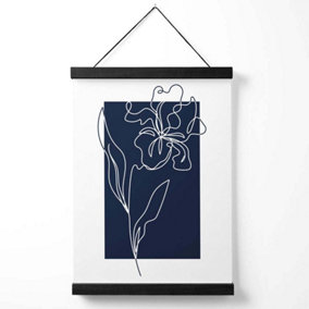 Navy Blue and White Flower Floral Line Art Medium Poster with Black Hanger