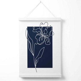 Navy Blue and White Flower Floral Line Art Poster with Hanger / 33cm / White